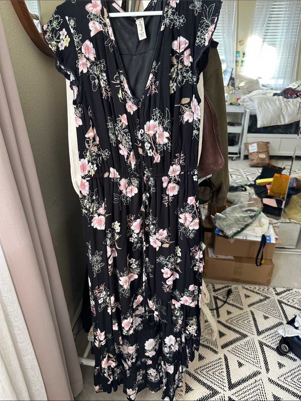 Beautiful Black Maxi Dress with Pink Floral